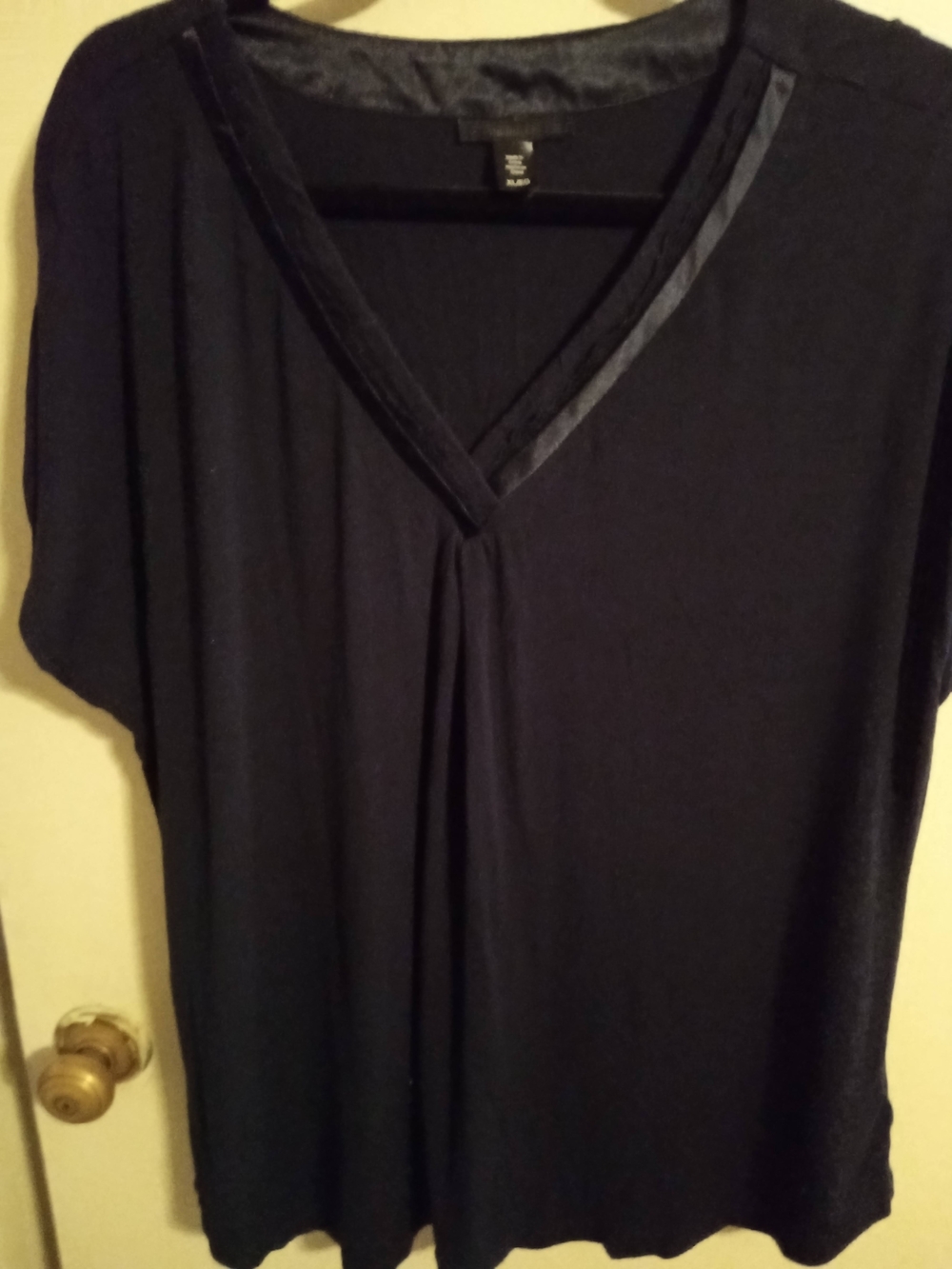 Maurices Black V-Neck Short Sleeve Top with Satin Trim